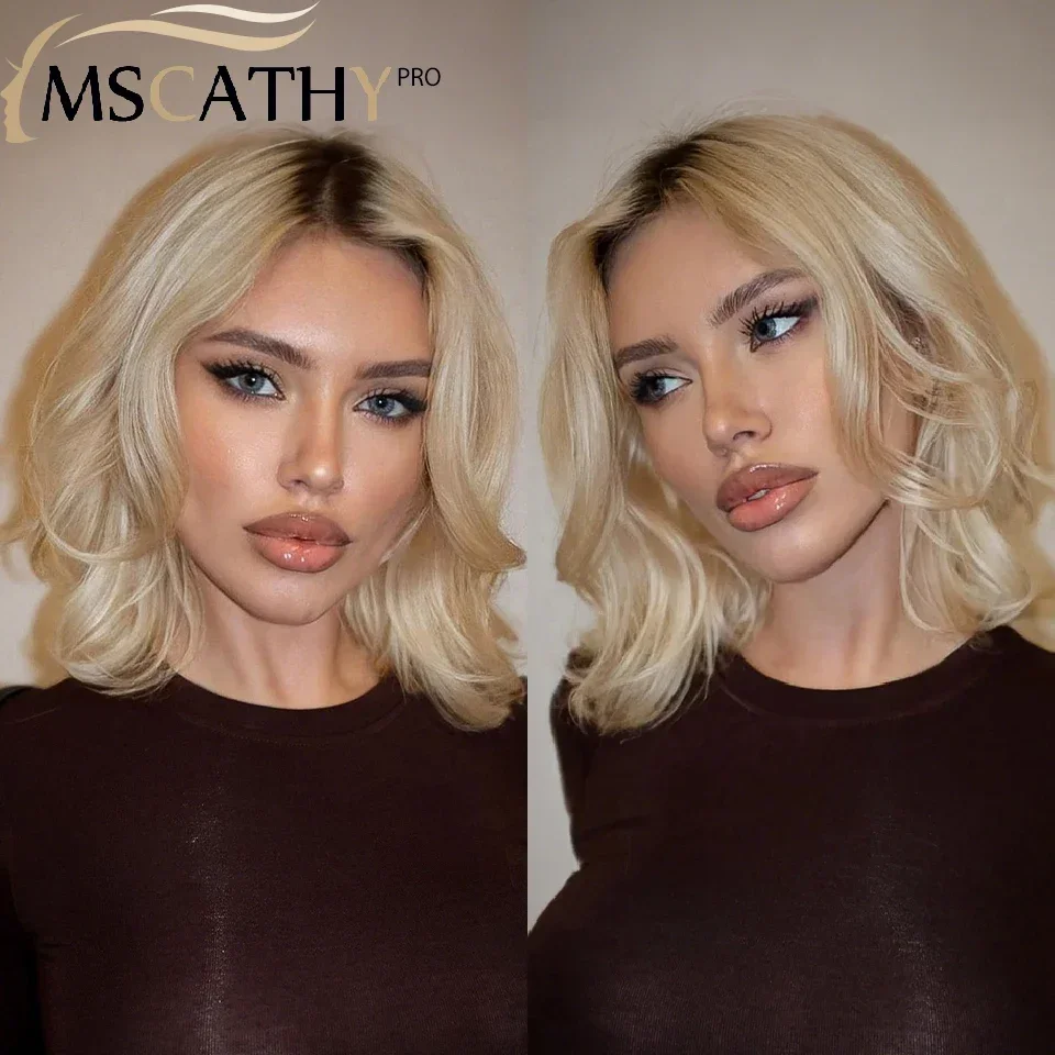 Peruca Curta Ombre Loiro Cinza Sem Cola com Renda Frontal UHD Transparente, Cabelo Humano Remy para Mulheres, Pré-arrancada