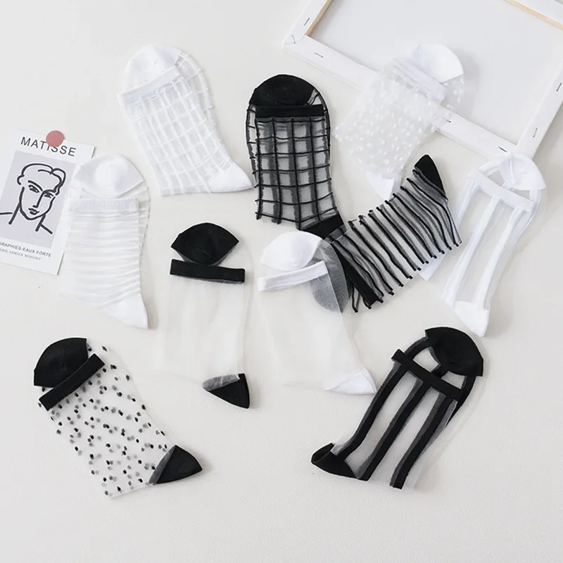 

Women Socks Summer New Black White Sos Thin Transparent ocks Striped Plaid Cute Sock Ins Personalized Korean Women's Soks