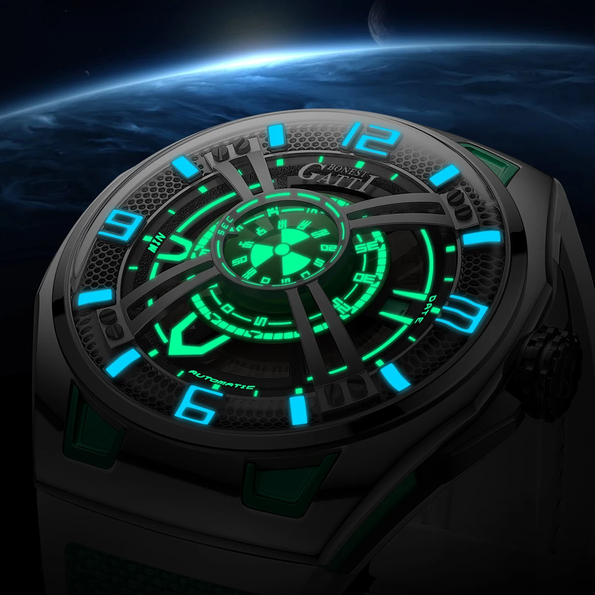 BONEST GATTI herenhorloge Valentijnsdag cadeau voor je vriend: Volautomatisch skelet mechanisch horloge Lichtgevend herenhorloge