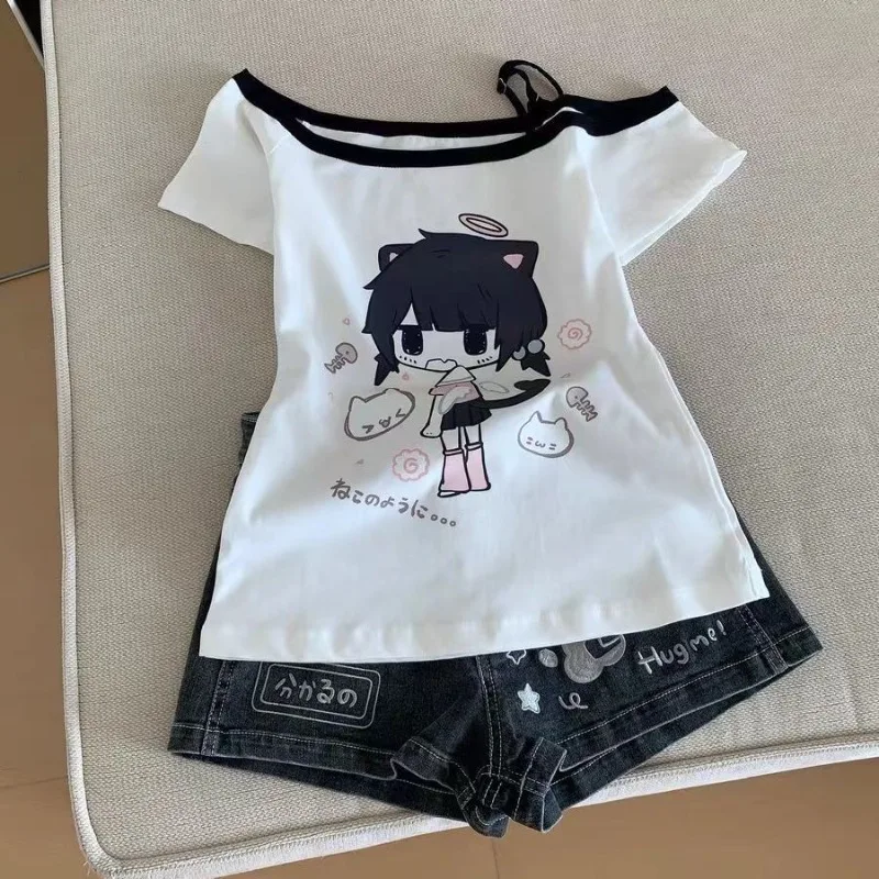 Japanese Y2K Print Skew Collar T-Shirts Summer Off Shoulder Short Sleeve Tee Shirt New Loose All-Match Top for Women