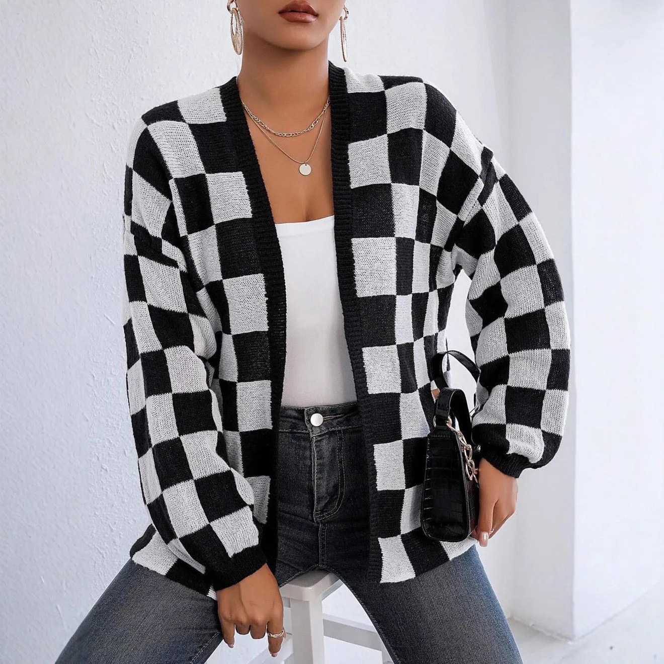 

Women's Black Brown Plaid V Neck Long Sleeve Office Lady Loose Tops Autumn Winter Vacation Cardigan Sweater Casual Popular Trend