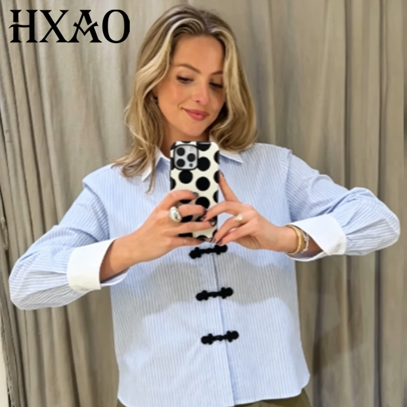 HXAO Oversized Gestreiftes Damenhemd 2026 Blau-Weiß Kontrast Blusen Froschknöpfe Langarm-Oberteil Lässige Streetwear-Hemden