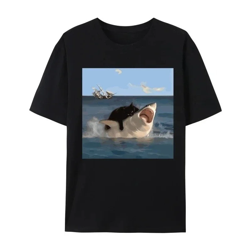 

New Cat Bites Shark Fun Art and Cat Shark Print Summer Casual Woman Round Neck Short Sleeve Creative Summer Clothing