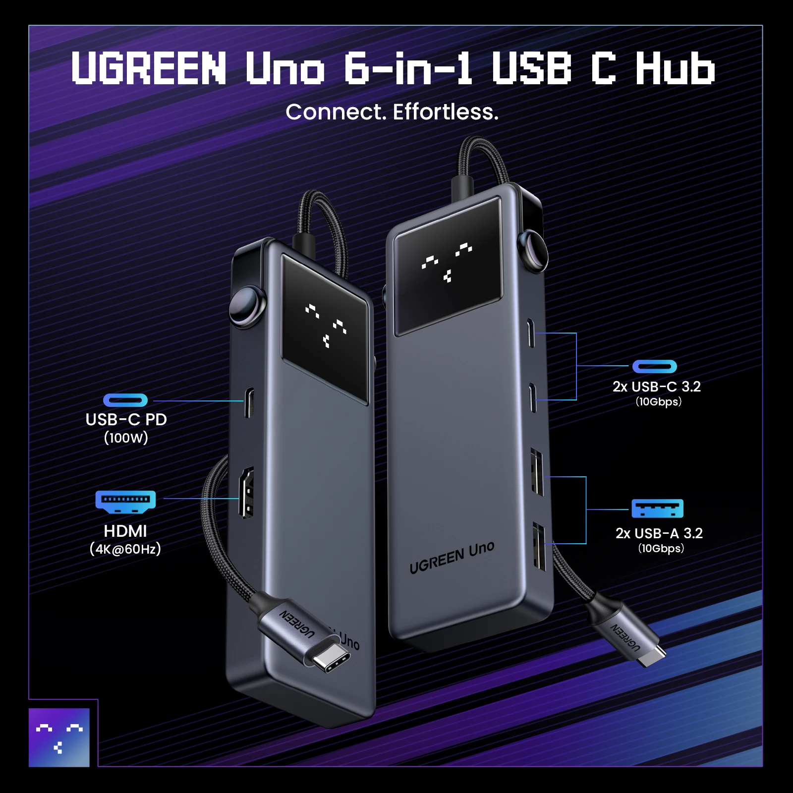 UGREEN Uno USB C HUB 6-em-1 4K60Hz PD100W 10Gbps USB3.2 Adaptador Divisor para Laptop Macbook Pro Air Estação de acoplamento expansor USB