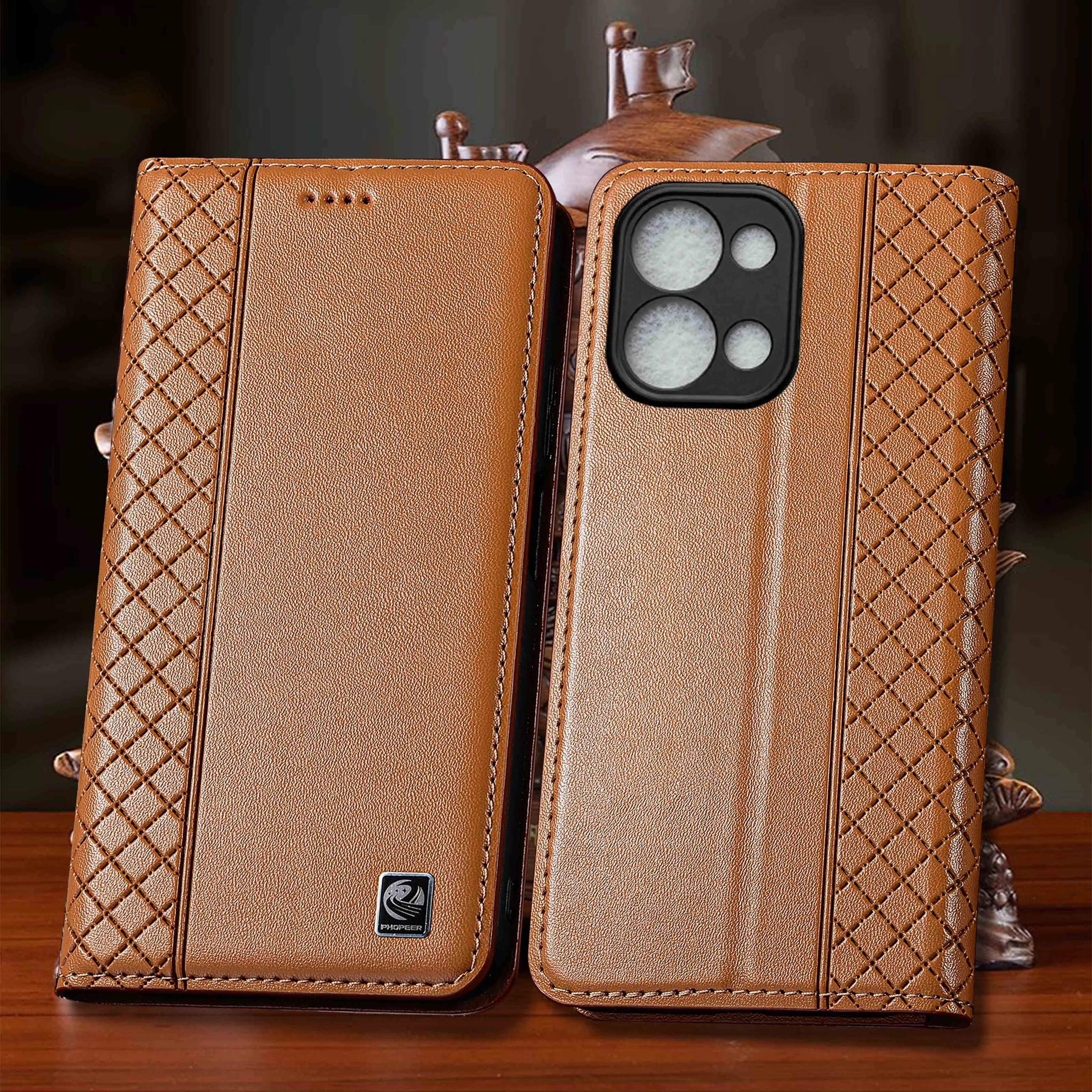 

Genuine Leather Flip Phone Case For iQOO Z10 Z10X Z10R Z11 Z11X Turbo Pro Plus Lite Napa Inner Mesh Pattern Of Cowhide Non-Slip