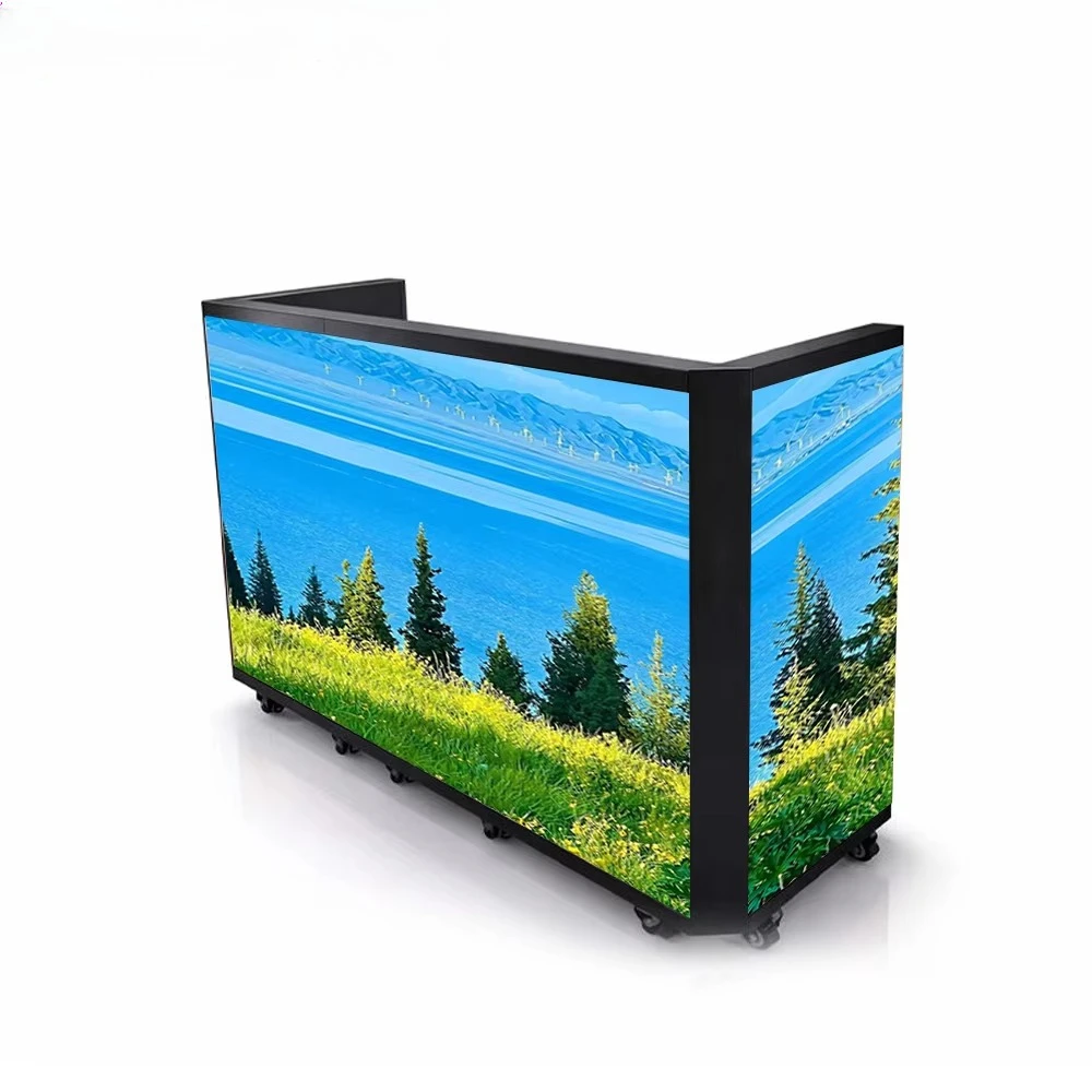 Portable indoor and outdoor multi sided foldable LED front desk display screen, interactive beverage menu display screen