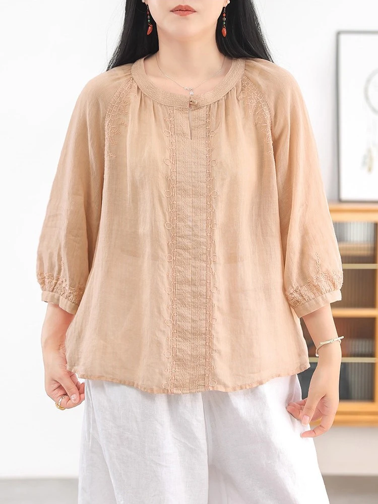 100% 린넨 여성 캐주얼 블라우스 셔츠 신상 2025 여름 빈티지 스타일 플로럴 자수 루즈핏 여성 탑 셔츠 T700
