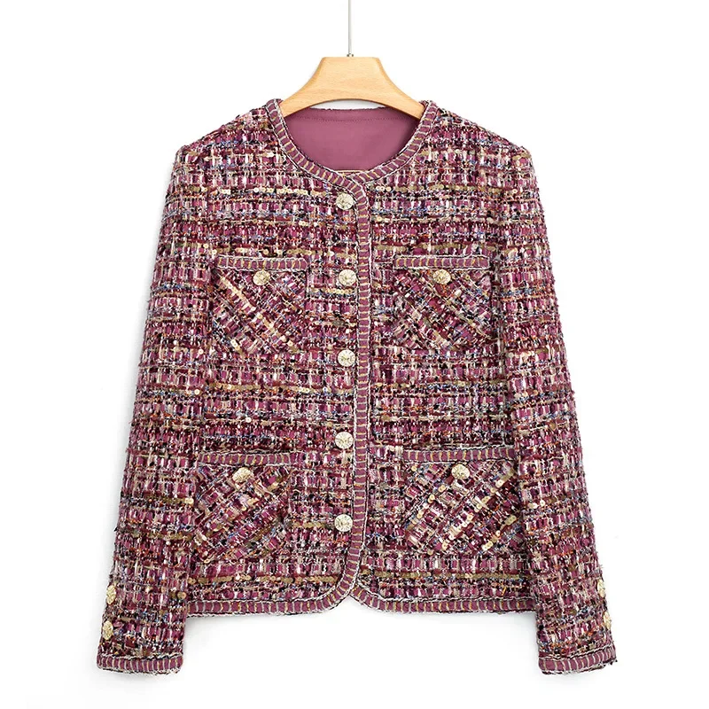 

High Quality Pink Small Fragrance Coat for Women 2024 New Woven Sequin Round Neck Tweed Casual Celebrity Style Lady Short Jacket