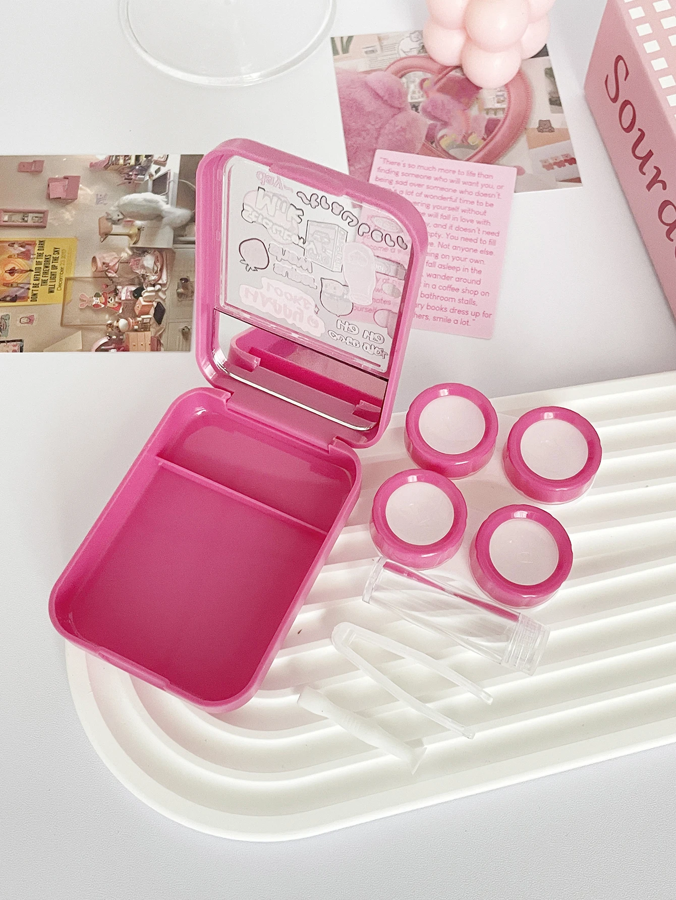 Cute Double Contact Lens Case with Mirror for Girls - Travel Portable Eye Lens Box with Tweezers and Solution Bottle - Pink Cart