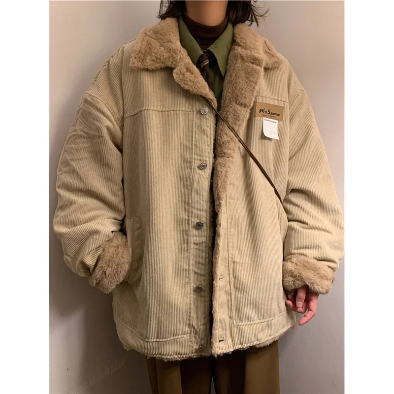 

Winter Velvet Thick Lamb Cotton Coat Men's Jacket Loose Corduroy Turndown Collar Long Sleeves Single-breasted Tops Pocket Parkas