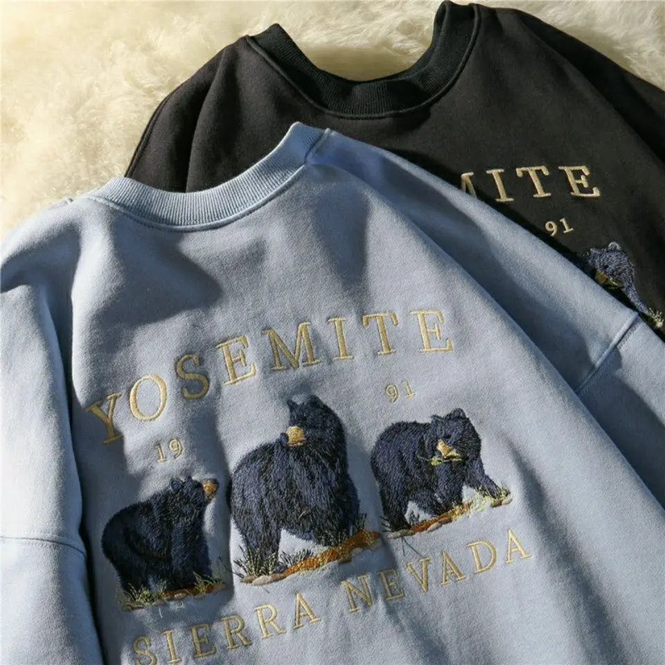 Vintage Bear haftowane bluzy damskie Harajuku Streetwear Casual z długim rękawem Crewneck ponadgabarytowa modna bluza z kapturem koreańskie