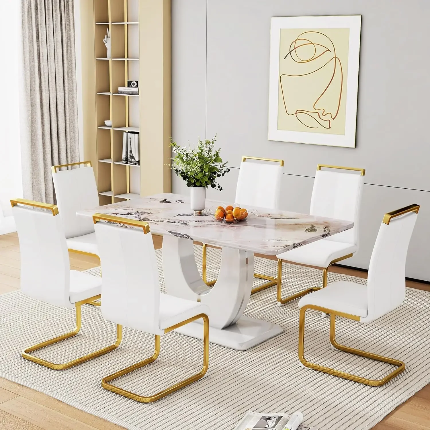 Table Set for 6, Kitchen Table Chairs Set of 6, Modern Dining Room Set with 63 inch Marble Dinner Table Leather Upholstered Chai