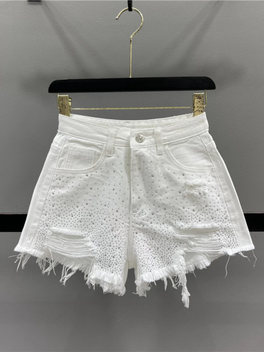 Imagem -02 - Beading Denim Shorts Feminino Verão Nova Cintura Alta Magro Quente Menina Shorts Streetwear Buracos Bainha Cru Pernas Largas Calças Quentes Moda