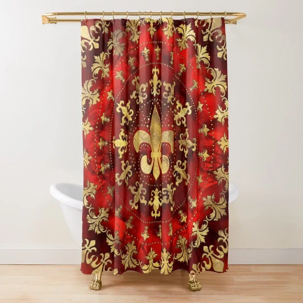 Fleur-de-lis ornament Red Marble and Gold Shower Curtain For Bathroom Shower Set For Bathroom Bathroom Shower Curtain