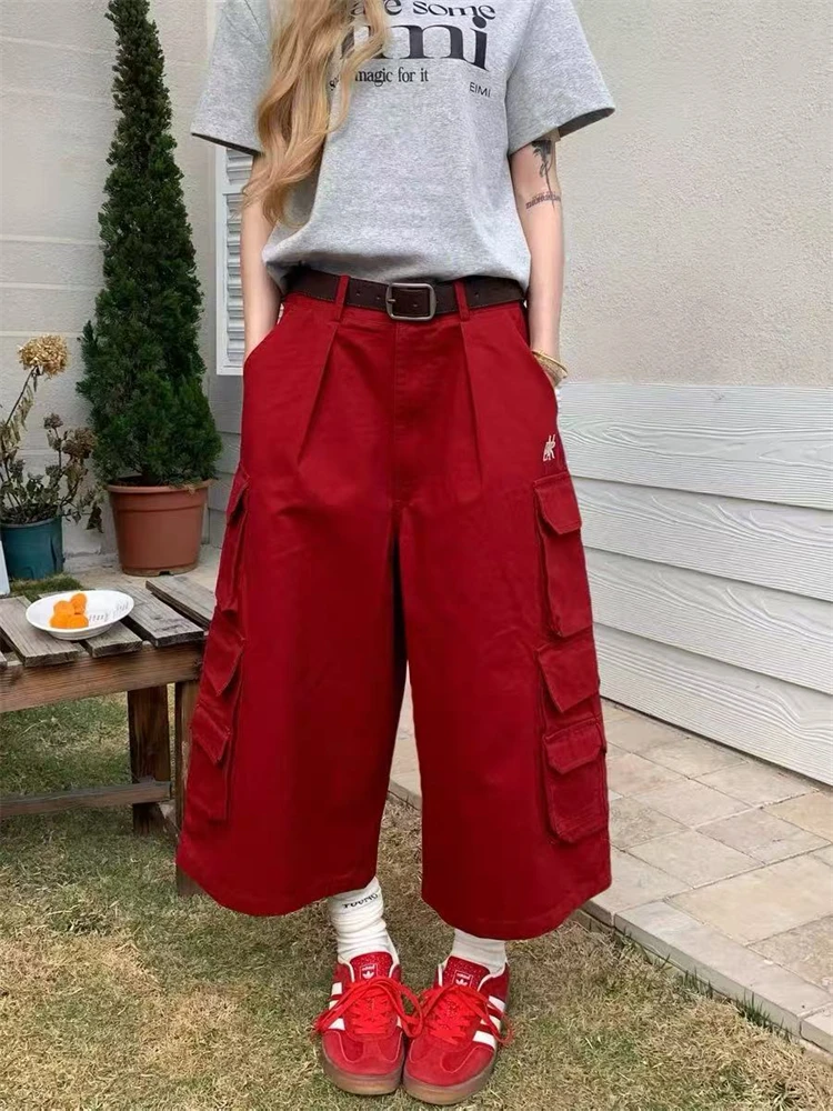 Women's Multiple Pockets Red Loose Wide Leg Calf-length Trousers Young Girl Shorts Female High Waist Summer Capris Pants