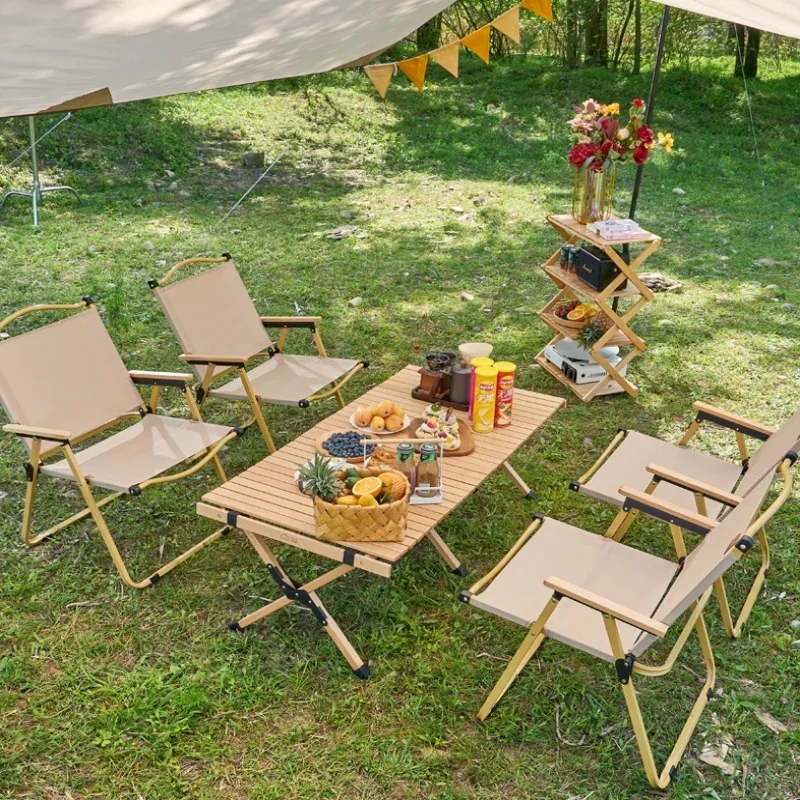 2pcs/1pcs Portable Camping Chair Outdoor Folding Chair Aluminum Alloy Wood Grain Folding Chair Camping Equipment Kermit Chair