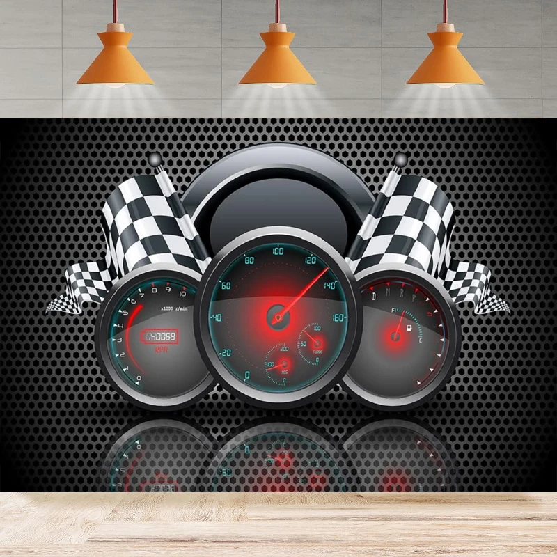 Racing Car Dashboard Flag Photography Backdrop Checkered Flag Emblem Background Kids Adult Birthday Party Backdrop Wall Banner