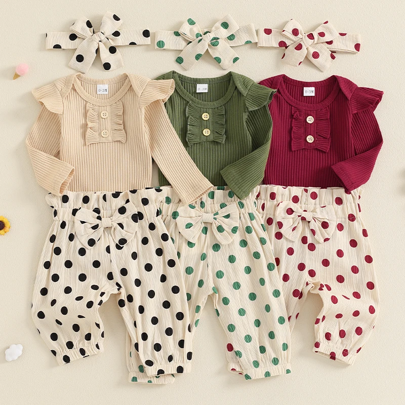 2024-06-07 Lioraitiin Baby Girl Fall Outfits Solid Color Crew Neck Long Sleeve Romper Dot Print Long Pants Headband 3Pcs Set