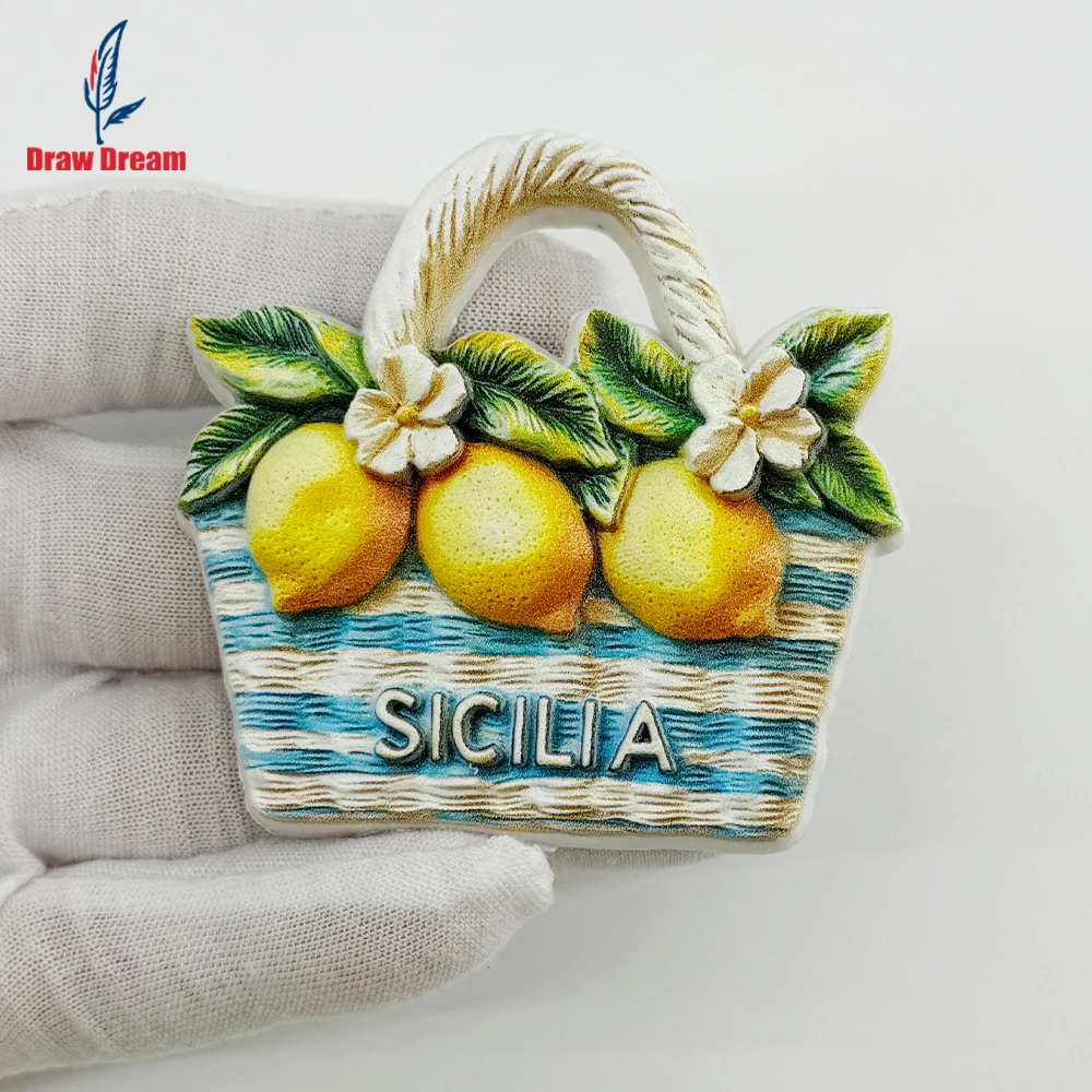 1Pc Italian Sicily Creative Lemon Basket 3D Refrigerator Magnet World Travel Souvenir Collection Suitable for Home and Office Decoration, Personalized Exclusive Travel Souvenir Magnetic Refrigerator Magnet, Home Decoration, Kitchen, Room, Office, Cabinet Crafts, Gifts, Holiday Souvenirs, Exquisite Small Gifts