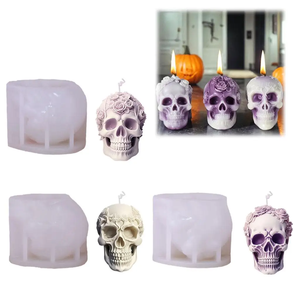 Moule à bougie 3D en silicone pour la décoration d'Halloween, fleur rose, tête de mort, plâtre en argile polymère, maison et bureau, Regina, J0A8