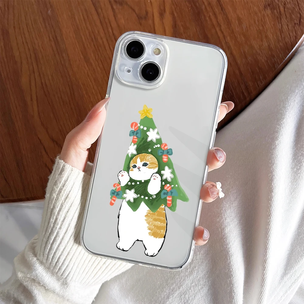 Lovely Mofusand Cat Christmas Tree Reindeer Phone Case For iPhone 11 13 16 15 14 12 Pro Max Plus Clear Transparent Soft Shell