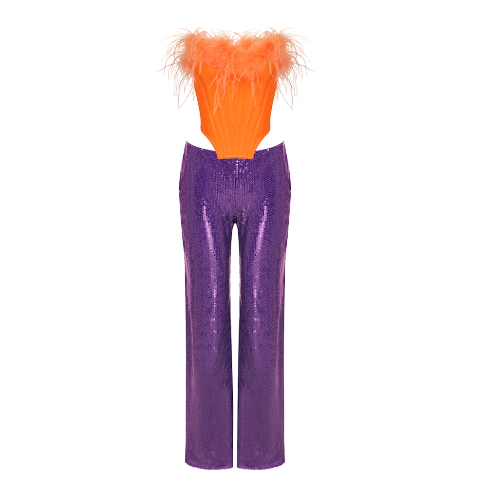 Wear Feather Design Strapless Orange Bandage Crop Top And Purple Sequin Trousers Suits Pants Set For Women Celebrity Party