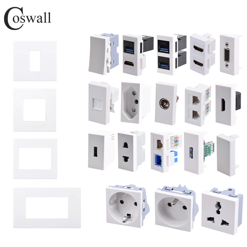 Coswall PC แผง EU Wall Power Socket + TV & CAT6 RJ45อินเทอร์เน็ตแจ็ค + HDMI หญิงหญิง-2.0 & USB 3.0