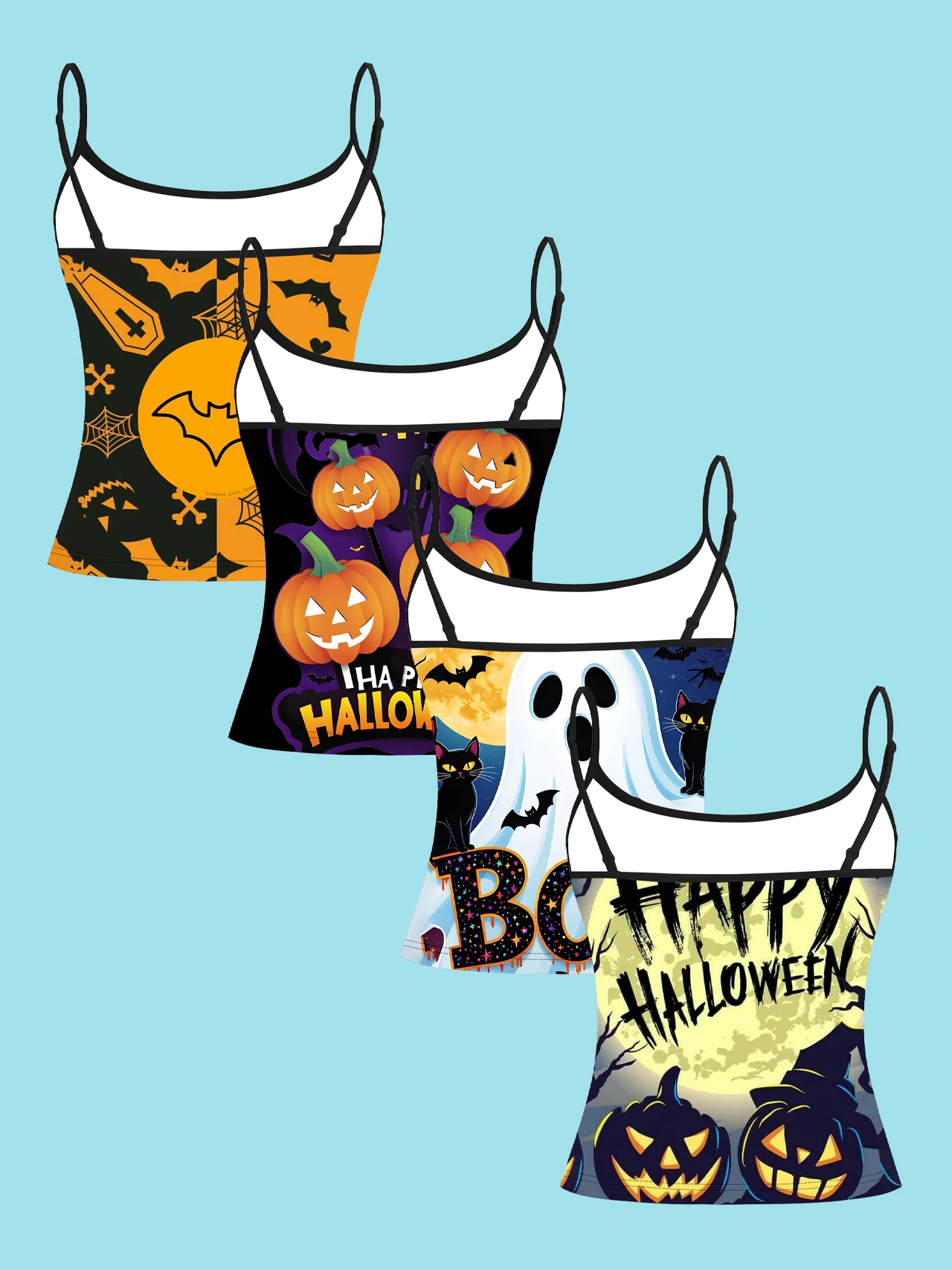 4-Piece Set of Halloween Cartoon Pumpkin Ghost Black Cat Women's Camisoles, Fun Color-Blocking Print Slim-Fit Spaghetti Strap Short Camisole Tops