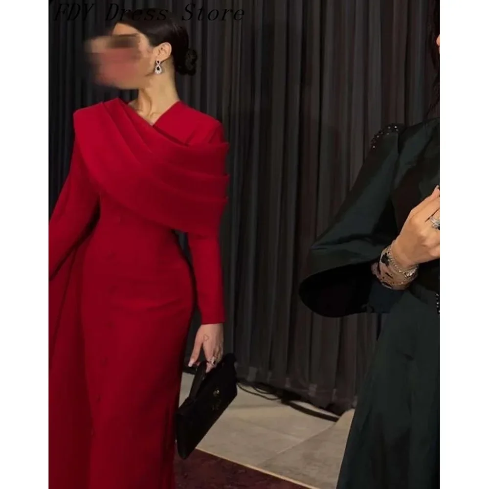 Customized Elegant Red Satin Womens Dresses Long Sleeves Pleated Straight Ankle Length Wedding Party Dresses Formal Ocn Dress