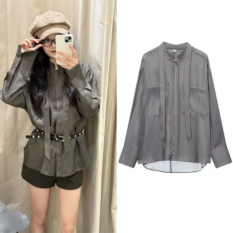 Damen-Hemd 2025, Herbst, neues grau gestreiftes Langarm-Hemd mit Taschendekor und Band, lockere Passform, lässige Mode, Freund