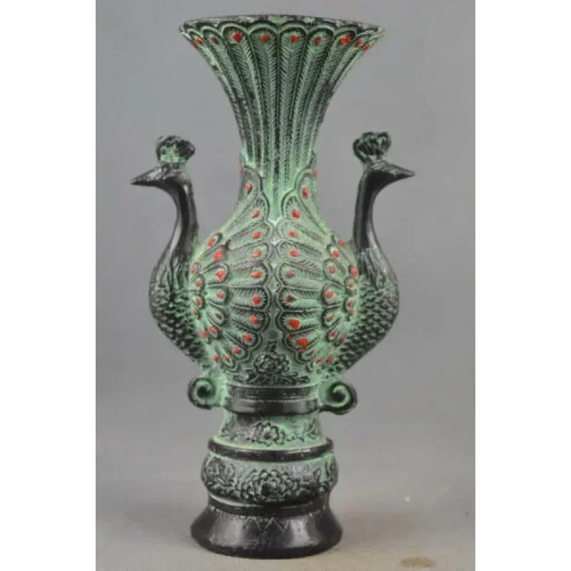 Collectable Handmade Old Bronze Carved Double-Sided Tail Peacock Auspicious Vase