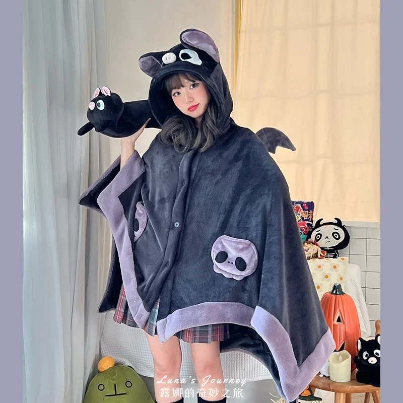 Kawaii Cartoon Bat Y2k Plush Pajamas Anime Cloak Sleepwear Costume Halloween Cloak for Adults Winter Pajamas Women Blanket Cape