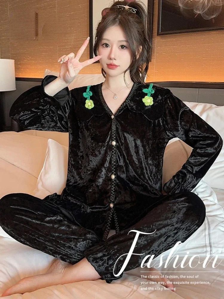 Luxury French Pajama Sets Women Long Sleeve Cardigan Pants Two Pieces Loungewear Velvet Sleepwear Sweet Home Wear Kawaii Clothes