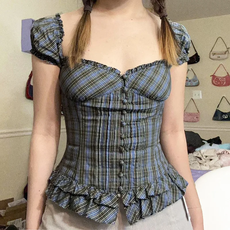 

French plaid contrast color breasted girls feel waist slim shirt temperament sweet and spicy retro basic top