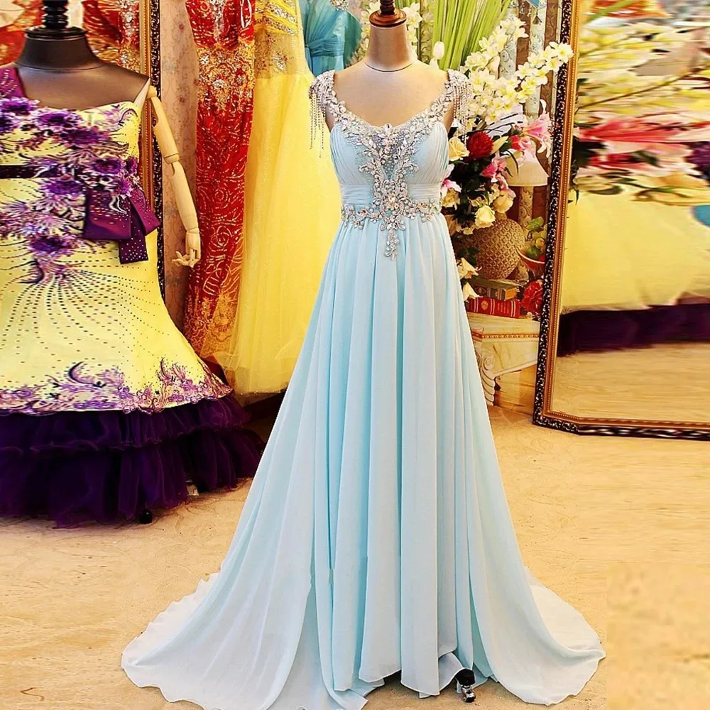 

ANGELSBRIDEP V-Neck Long Evening Party Gowns Robe De Soiree Sparkly Crystal Applique Prom Dress Court Train Chiffon Abendkleider