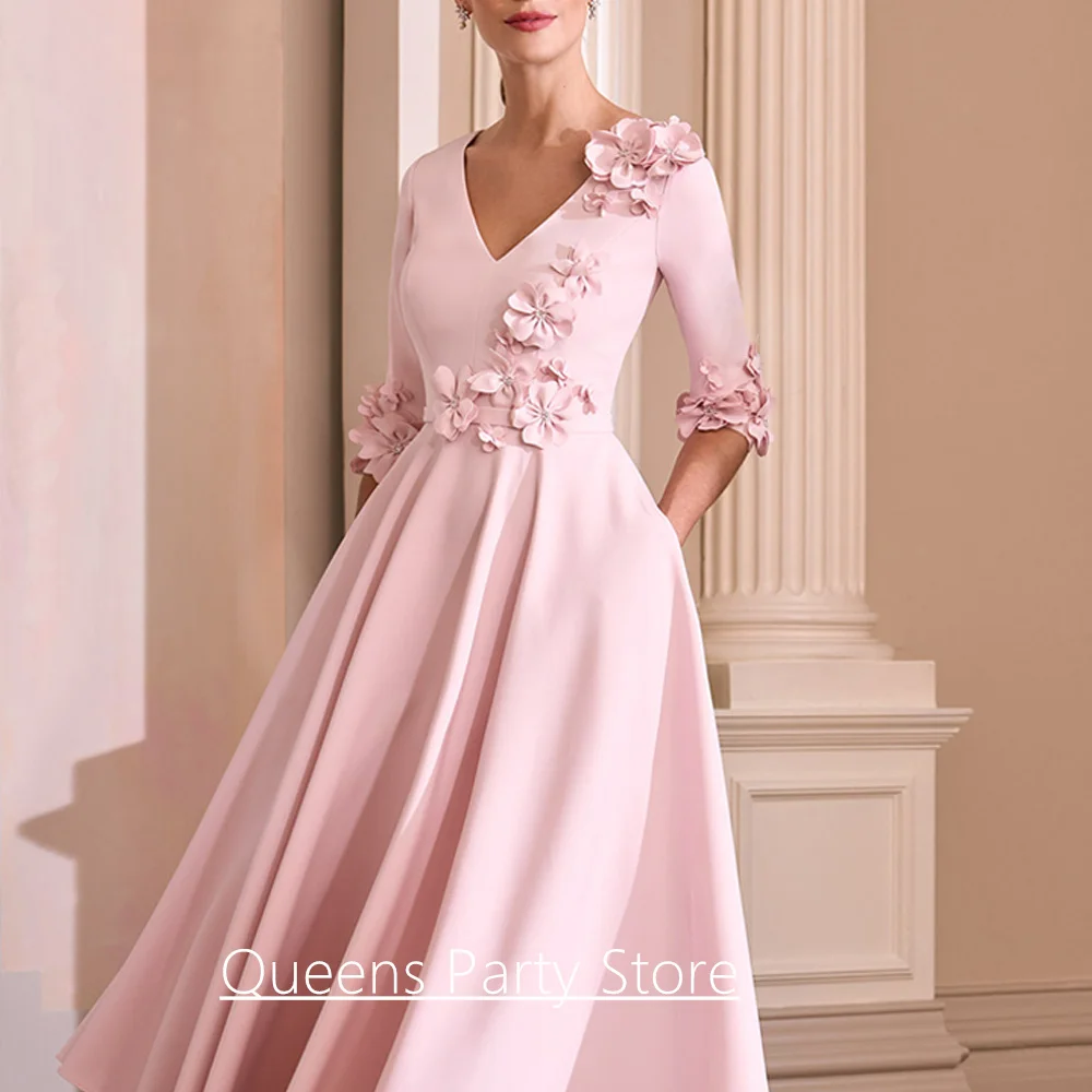Pink Mother of The Bride Dress Customized Half Sleeves V Neck Handmade Flowers A Line Tea Length Wedding Guest Party Gown