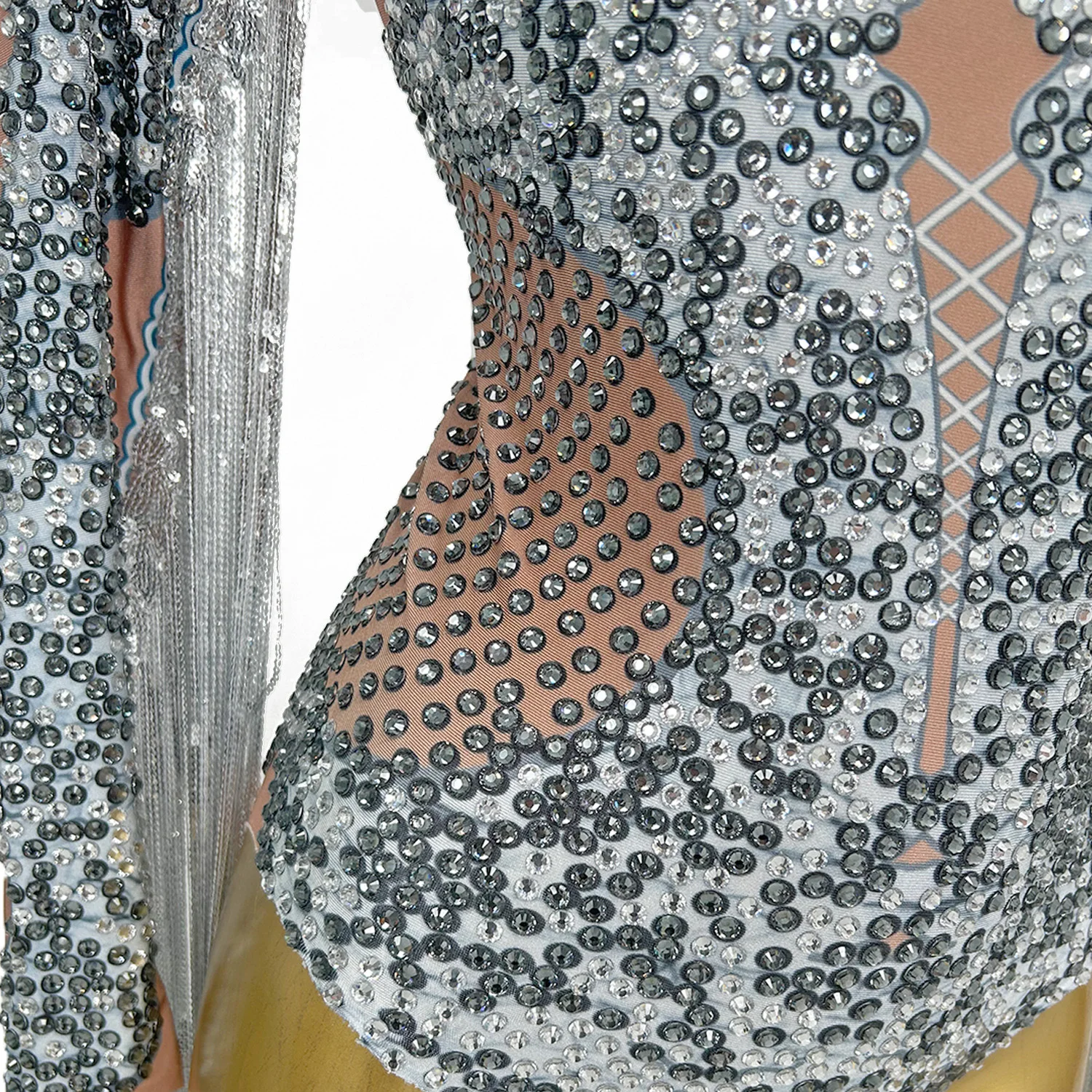 Sparkly Sequins Rhinestone Sexy Printing Bodysuit Women Birthday Party Stage Performance Short Jumpsuit Tassel Sleeved Gongdian