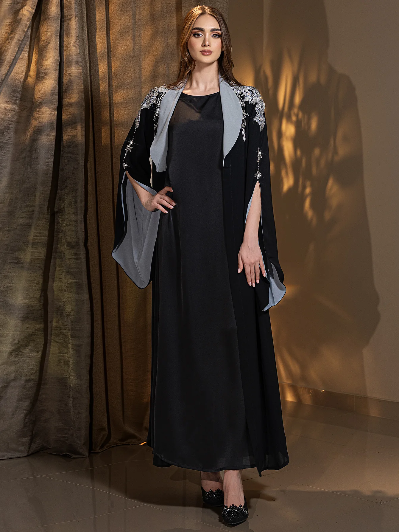 Ramadan Muslim black and grey luxury fashion suit collar, hand sewn diamond women's coat, temperament cardigan robe, long skirt
