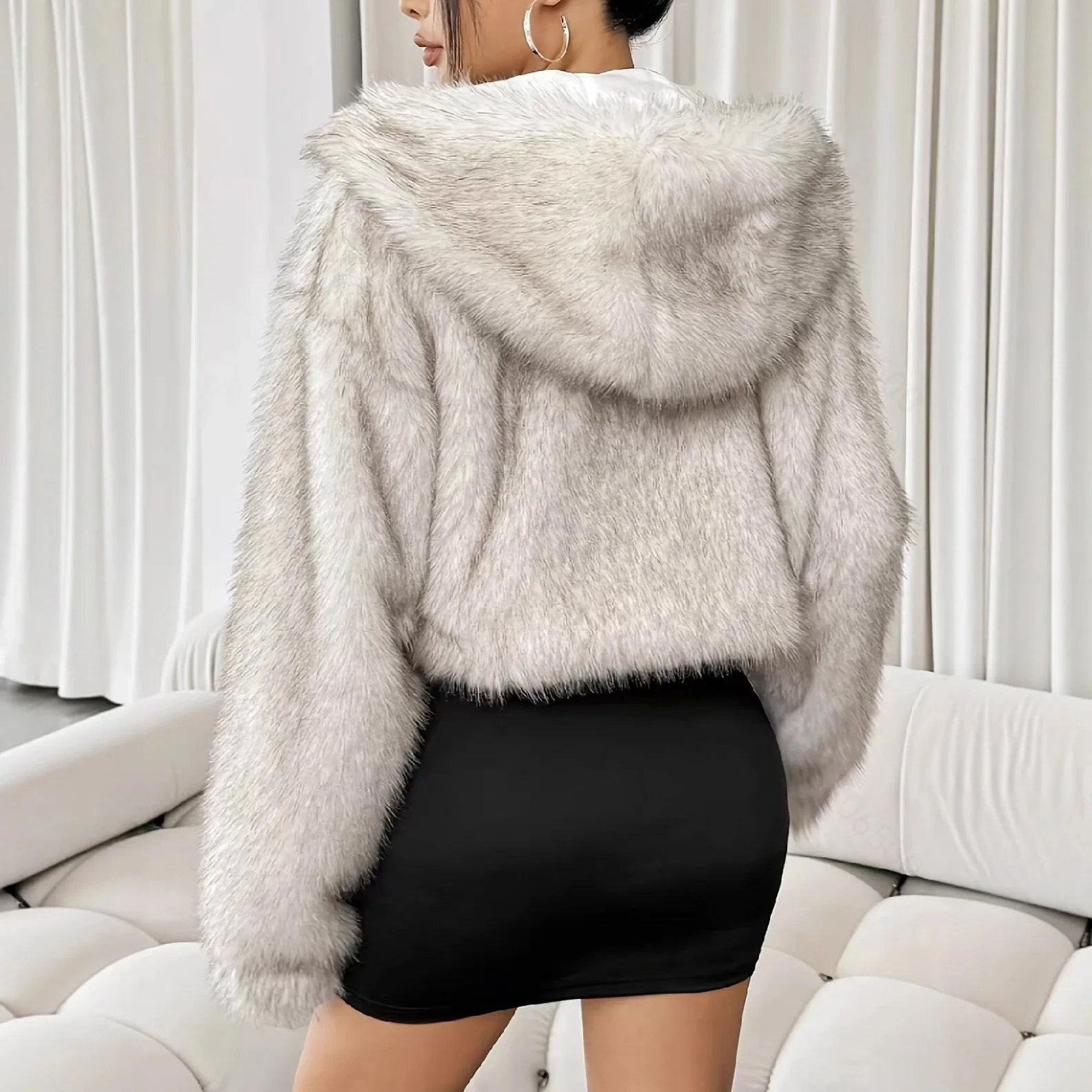 Women's Casual Faux Fur Hooded Jacket - close-up view