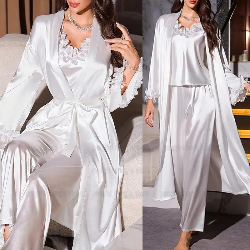 White Satin Pajamas Set Sexy Ruffles Pijama Mujer 3Pcs Home Clothes Long Sleeve Robe Cmai Top Pants Pyjamas Femme Sleepwear