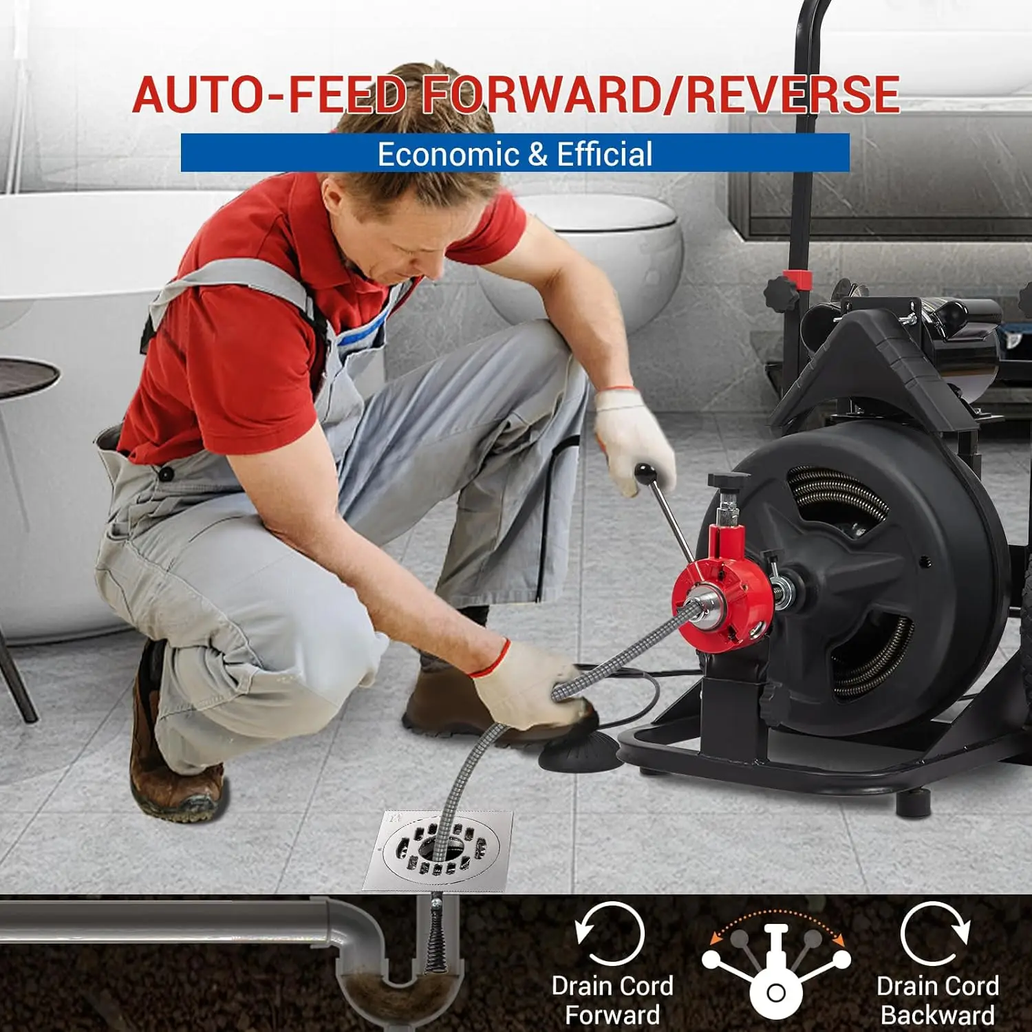 Machine de nettoyage de canalisations électrique à alimentation automatique, 100 pieds x 1/2 pouces, moteur 6,8a pour tuyaux de 1 à 4 pouces, serpent d'égout avec gants de commutation