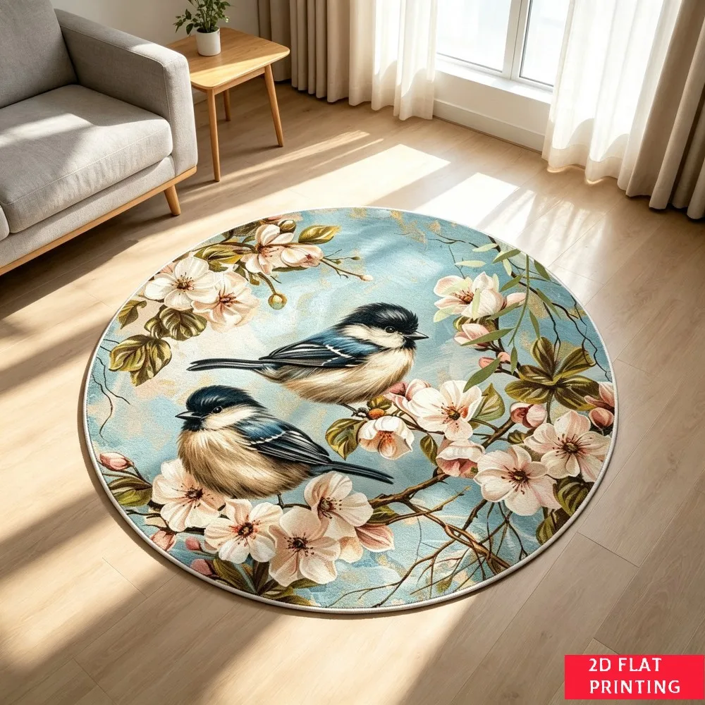 Springtime Blue Tit Bird Magnolia Blossom Branches Watercolor Style Round Area Rug For Nature Inspired Living Space Decoration