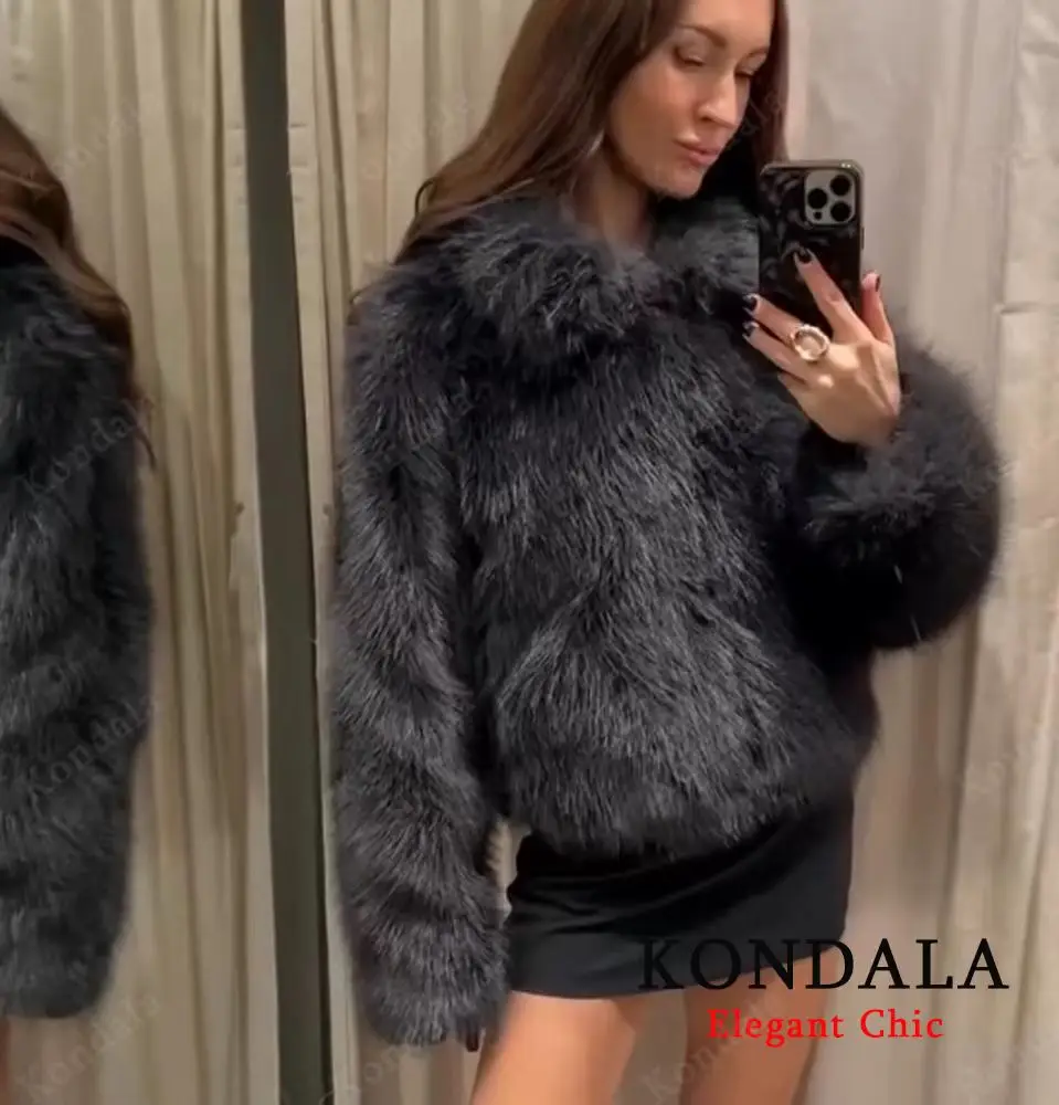 KONDALA الوقوف طوق الفراء سترة المرأة خريف شتاء أنيقة عادية فو الفراء سترة معطف 2025 موضة شارع العليا معطف السيدات