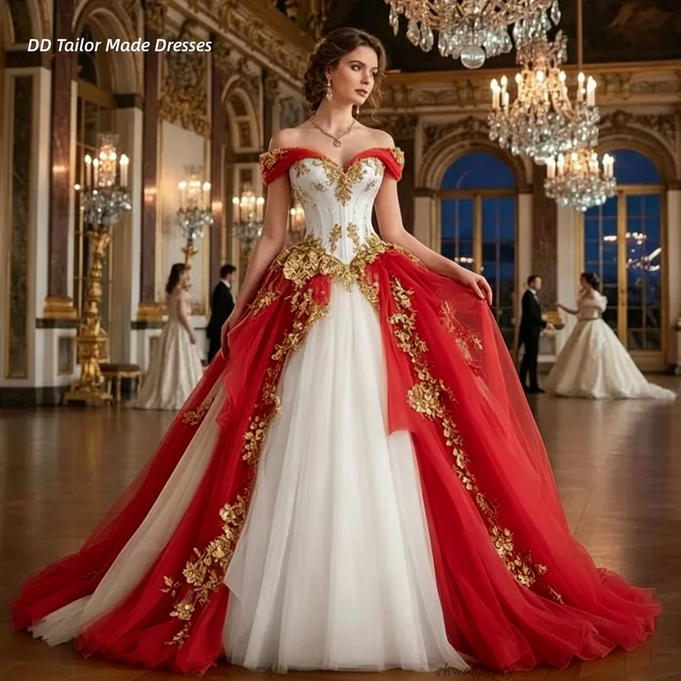 red gold and white wedding dress Champagne Long-sleeves Red Appliques Wedding Dresses with Royal Train loveangeldress