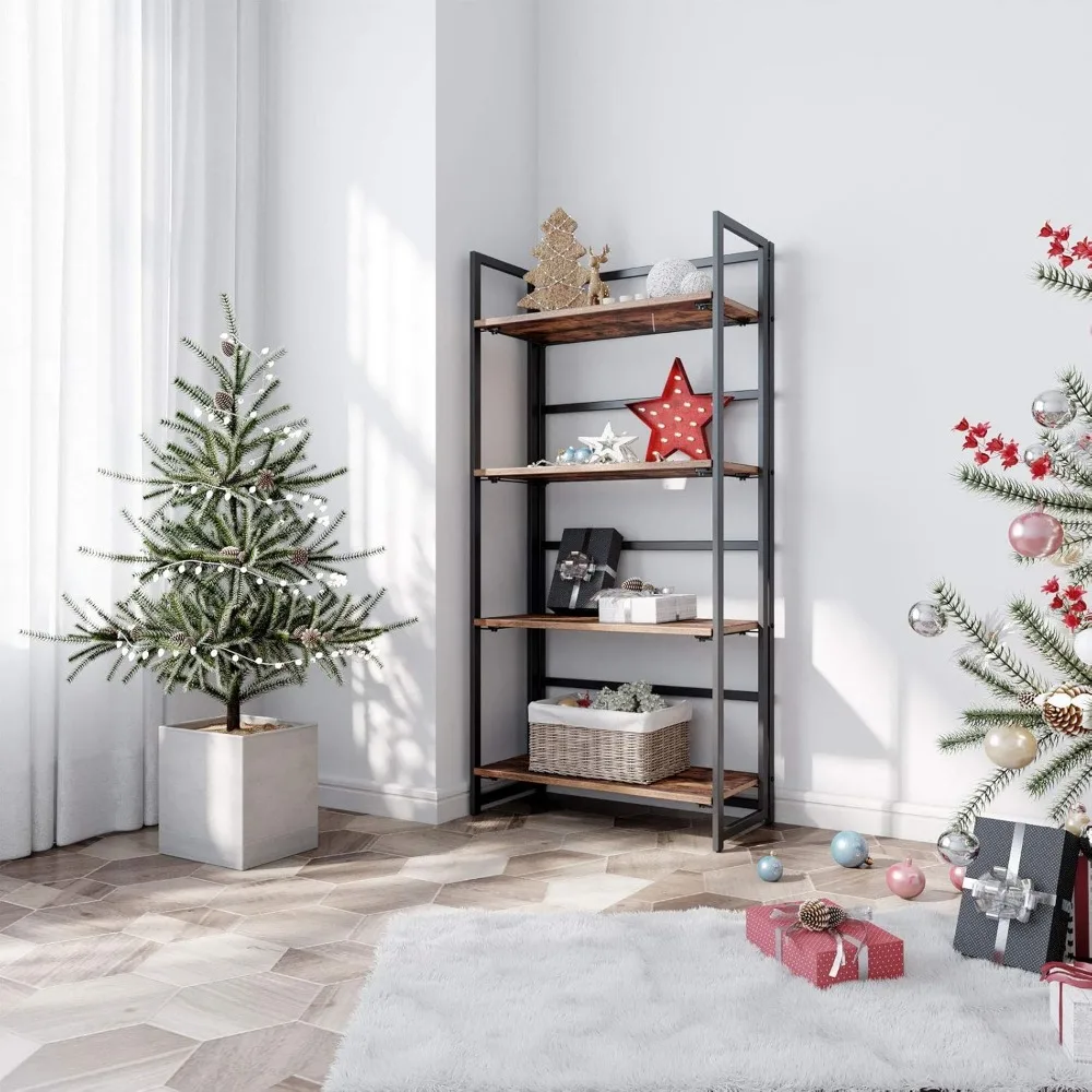 ชั้นวางหนังสือแบบพับได้ 4 ชั้น เฟอร์นิเจอร์สไตล์ไม้พร้อมโครงโลหะ เหมาะสำหรับใช้ในโฮมออฟฟิศ