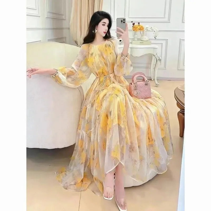 فستان شيفون فرنسي مُزين بنقشة الزهور لربيع وصيف 2026 للنساء اللطيفات والتخسيس، فستان طويل أنيق للإجازات w1619 #4