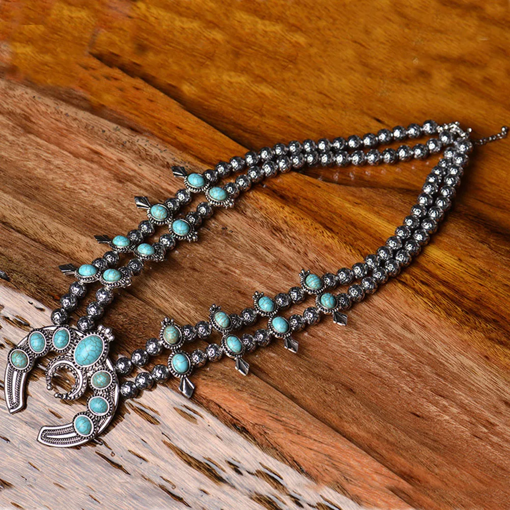 

Turquoise Necklace for Women Horn Vintage Alloy The Flowers Choker Necklaces Woman