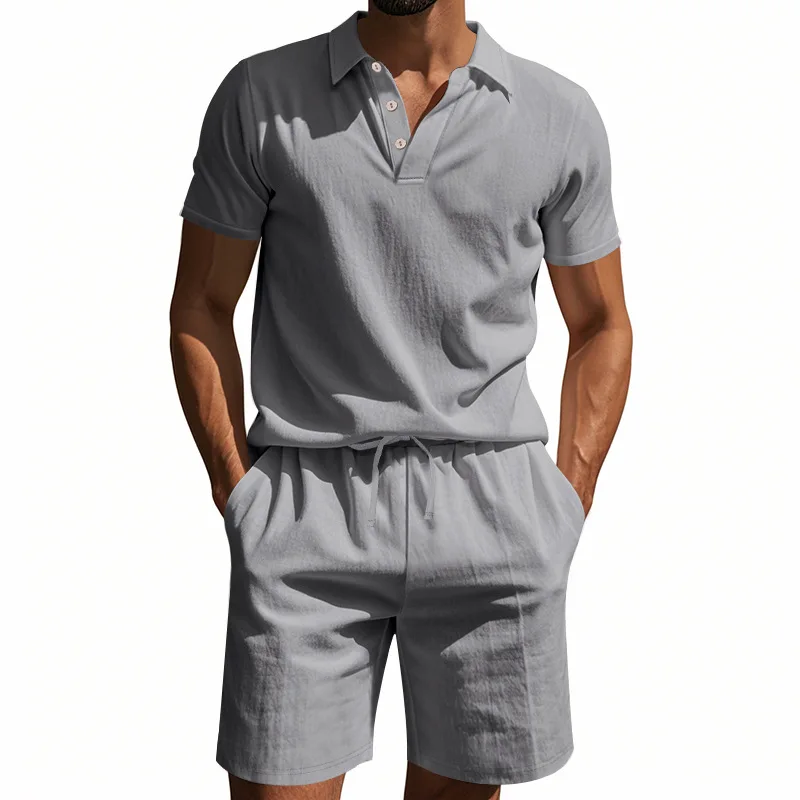 

Men's 2-Piece Linen Blend Outfit Short Sleeve Polo Shirt Shorts Set Summer Beach Casual Tracksuit