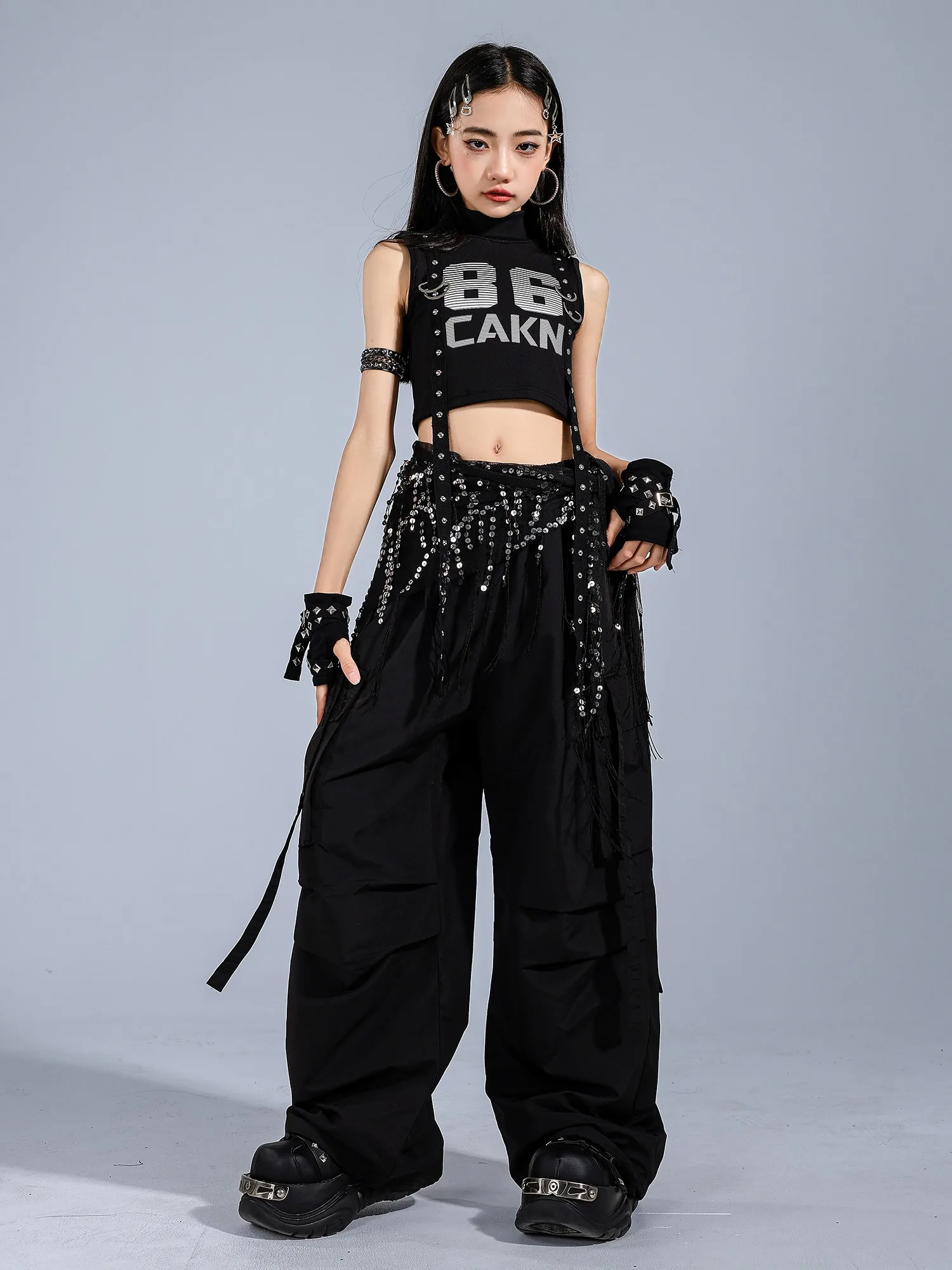 Schwarz Hip Hop Dance Kleidung Für Mädchen Jazz Dance Nabel Tops Hosen Sommer Modern Dance Performance Outfits Straße Tragen BL16701