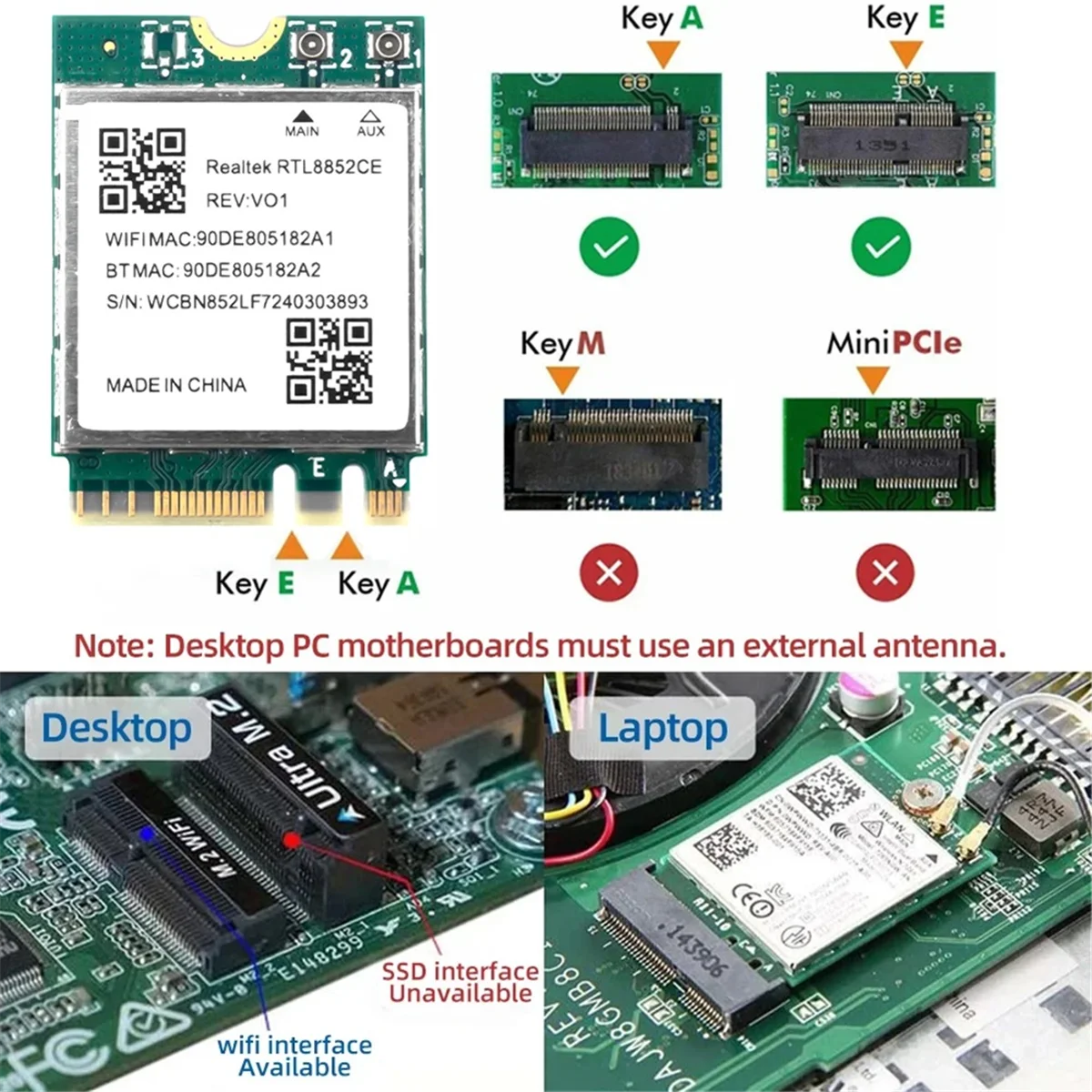 بطاقة شبكة جديدة 3C-WiFi 6E RTL8852CE M.2 5400Mbps 802.11AX BT 5.3 محول لاسلكي ثلاثي الموجات 2.4/5/6 جيجا هرتز لـ 10/11